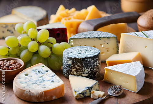 Cheese collection, variety of cheeses on wooden background