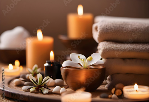 Beautiful spa composition with candles, stones and towel on table