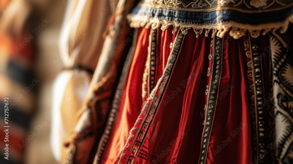 Close-up of embroidered traditional clothing with intricate patterns