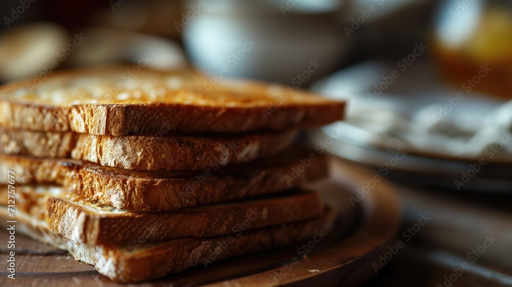 Stack of toasted bread on a wooden cutting board