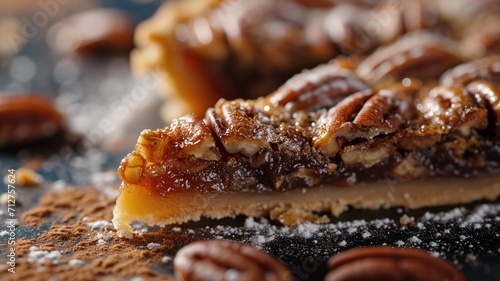 Close-up of a caramel pecan pie slice with sugar dusting