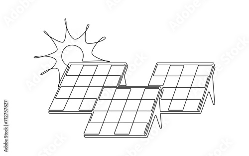 Sun and solar panel continuous one line icon drawing. Energy of sun with ecology power station vector illustration in doodle style. Contour line sign for innovation, environment, renewable