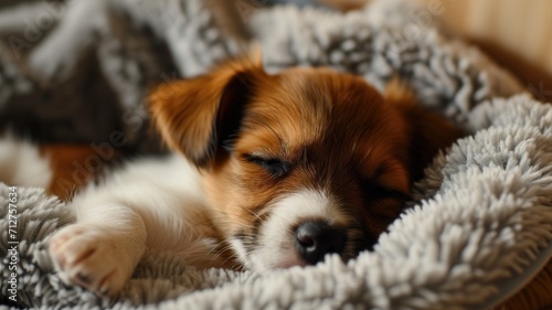 Close-up of a puppy resting on a plush gray blanket