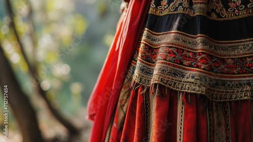 Detail of a traditional embroidered skirt with bokeh background