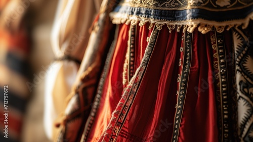 Close-up of embroidered traditional clothing with intricate patterns