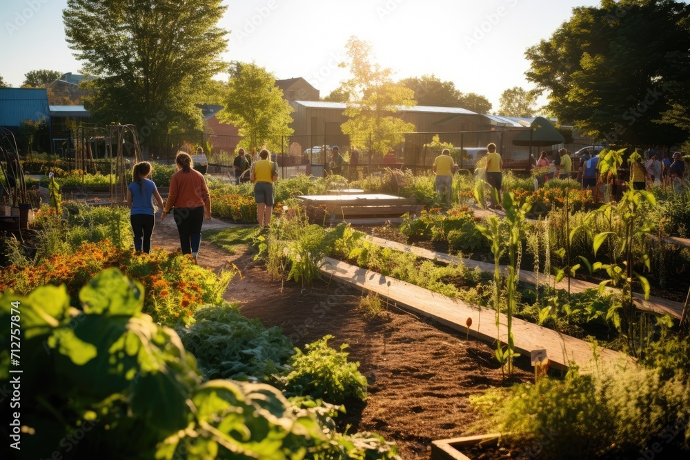 Community garden with individuals from different walks of life tend to their plots. Native plants, green spaces and local sustainability efforts.