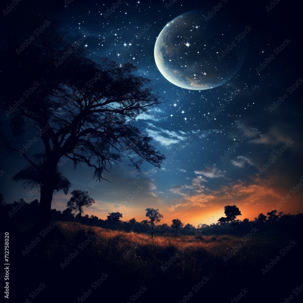 Beautiful night sky half moon moon images Generative AI - obrazy, fototapety, plakaty 