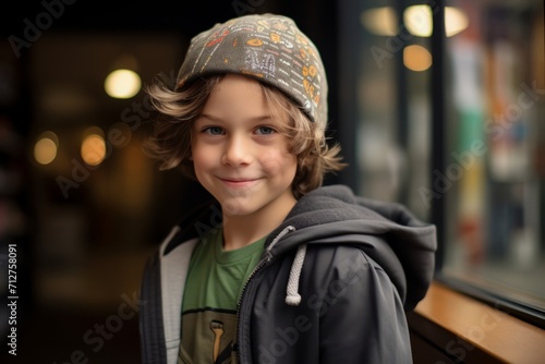 Portrait of a cute little boy in a cap on the street