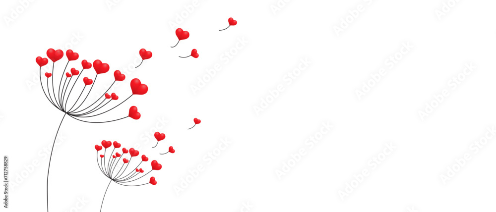 Dandelion with hearts. Happy Valentine's day greeting card. Lovely romance flower. Congratulation with Love. Valentine's day Vector illustration background