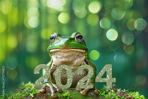 Leap day  one extra day  Leap year 29 February 2024 greeting card. Cute Green Frog Posing with 2024 Numbers on bokeh background.