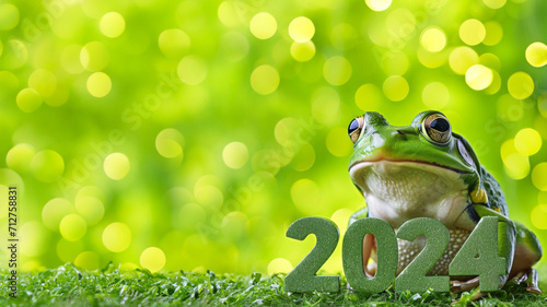 Leap day, one extra day, Leap year 29 February 2024 greeting card. Cute Green Frog Posing with 2024 Numbers on bokeh background.