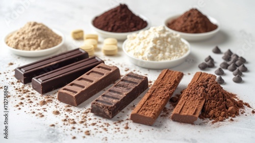 Sports nutrition products like protein bars and powders on a white background, focus on fitness and health supplements