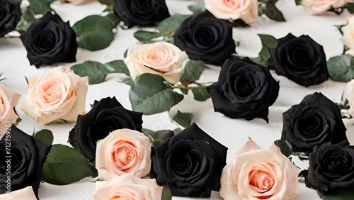 Close up of blooming black and pink roses flowers and petals isolated on white table background. Floral frame composition. Empty space,