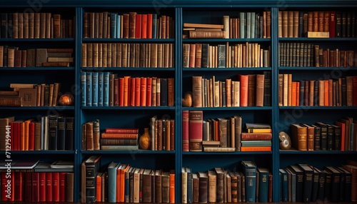 Vibrant display of intellectual knowledge in meticulously arranged full frame bookshelves photo