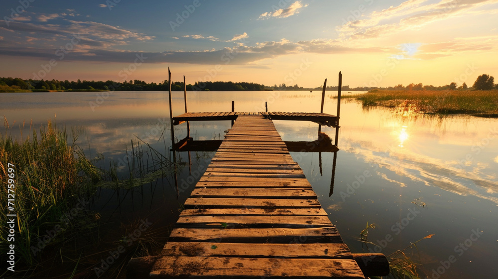 Fototapeta premium Dock overlooking a calm overcast lake background. Dock overlooking a calm overcast lake landscapes. Hdr landscape view. Old dock with sunset, candles, lamb, lake, sun and forest. high quality photos.