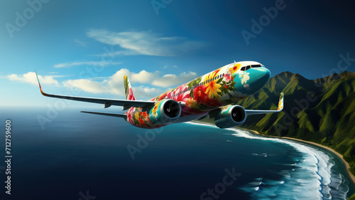 Wallpaper Mural an airplane decorated with flowers flies across the sky, summer travel, flight to Hawaii, air transport, tourism, nature, beauty, vacation, tropics, height, speed, garland Torontodigital.ca