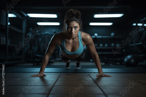 A determined woman in a blue sports top performs a plank exercise in a dimly lit gym