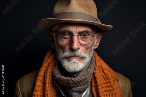 Portrait of a senior man in a hat and scarf. Studio shot.