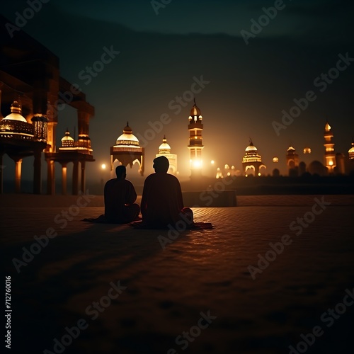 mosque at sunset during Ramadan, praying, praying taraweh, Muslims parying taraweh in mosque during ramadan