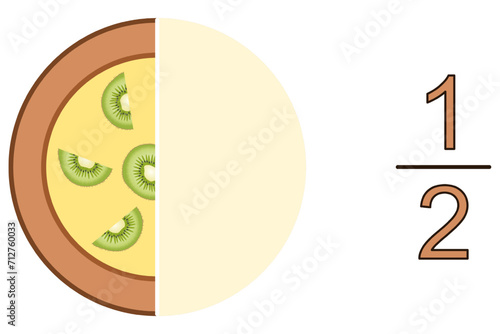 Fraction one half - a picture of half a pie with kiwi and a numerical representation of the fraction