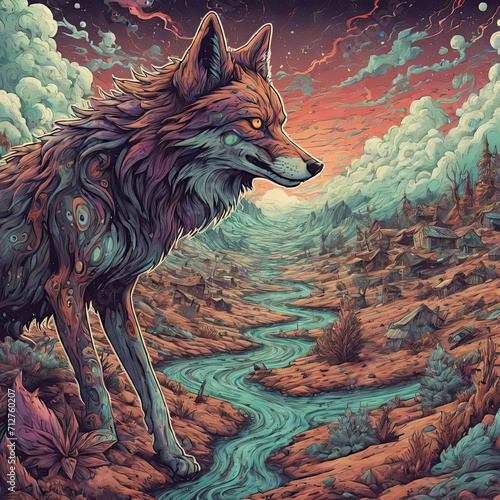 Trippy Psychedelic Illustration - Close-up of a Stoner Surrounded by Wolf and Fox in a Surreal Trip Gen AI photo