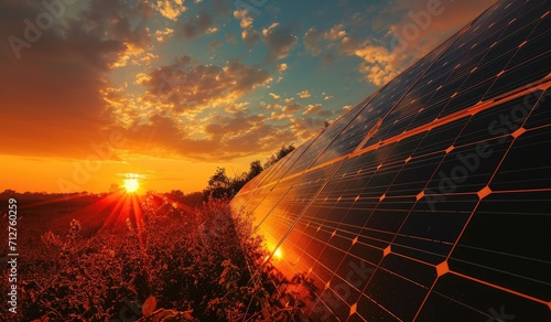 Solar panels in the sunset. Solar farm generating energy photo