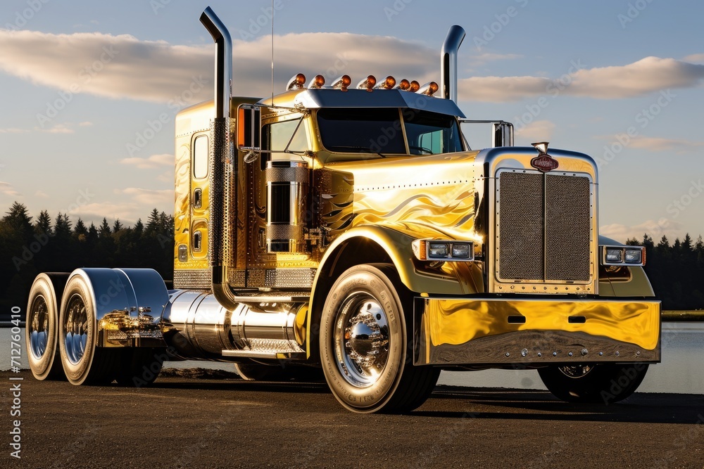 Custom Yellow Semi Truck on Highway at Sunset