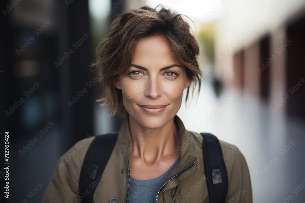 Portrait of smiling middle aged woman outdoors. Female traveler wearing casual clothes and backpack, standing in city street and enjoy her solo travel, trip, vacation, holiday Portrait of smiling middle aged woman outdoors. Female traveler wearing casual clothes and backpack, standing in city street and enjoy her solo travel, trip, vacation, holiday