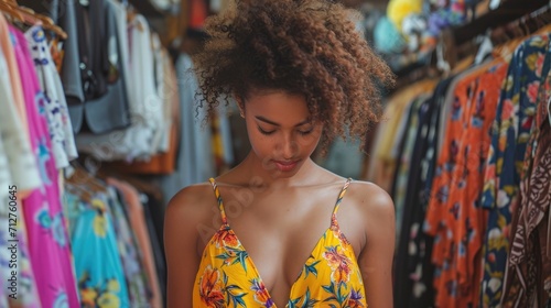Young beautiful African women shopping in second hand store chooses vintage clothes
