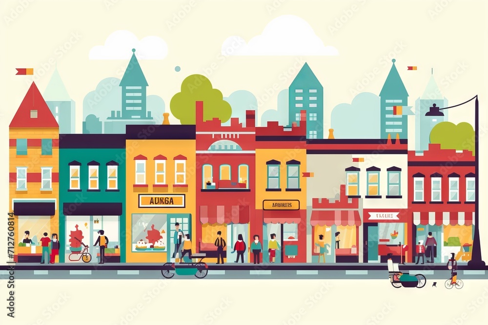 Illustration of a picturesque cityscape with colorful buildings, cars and pedestrians on the streets
Illustration of a picturesque cityscape with colorful buildings, cars and pedestrians on the streets