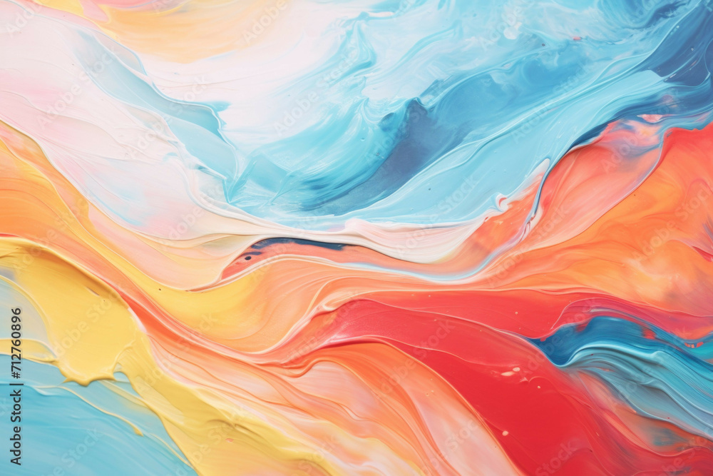 A close-up of a colorful, abstract painting made with oil paints on a canvas