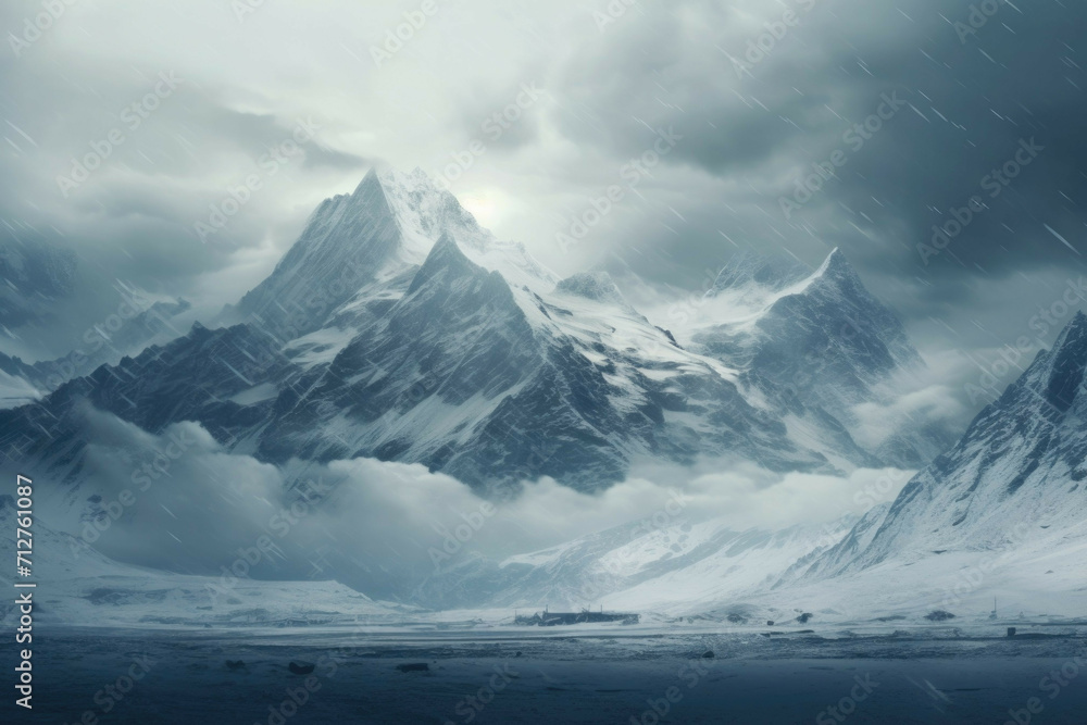 A majestic mountain range with a thick blanket of snow, stretching as far as the eye can see, with a stormy sky in the background
