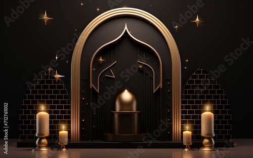 gold and black candle on a black background with ram and crescent