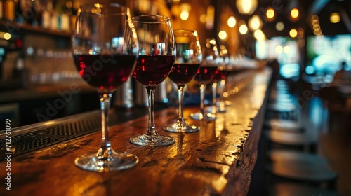 Elegant Wine Glasses Lined on Bar Counter
