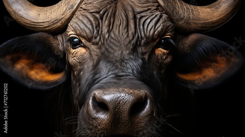 Majestic african buffalo portrait on black background, wildlife photography