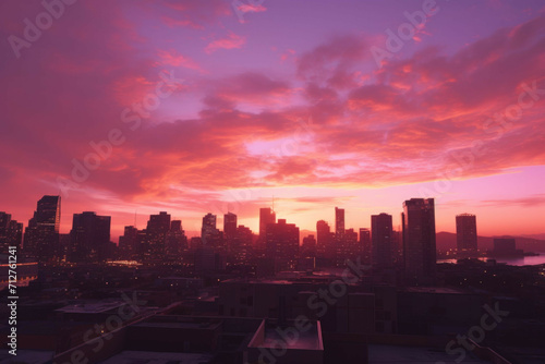 A wide angle shot of a city skyline at sunset, with the buildings silhouetted against the orange and pink sky