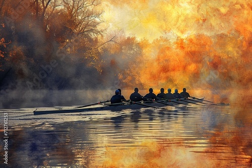 Men's rowing team in action morning on the river.