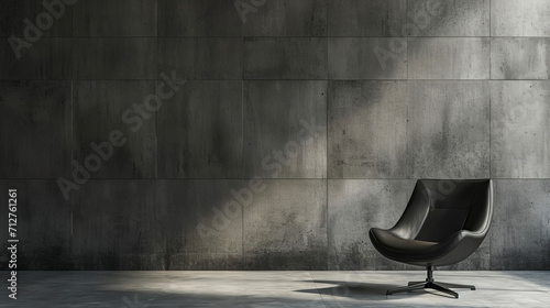 luxury grey designer chair in an empty room with raw, concrete walls and copy space 