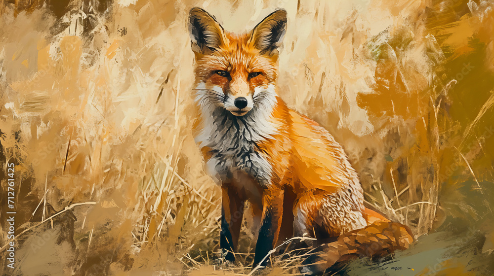 Obraz premium red fox in the grass, oil painting style