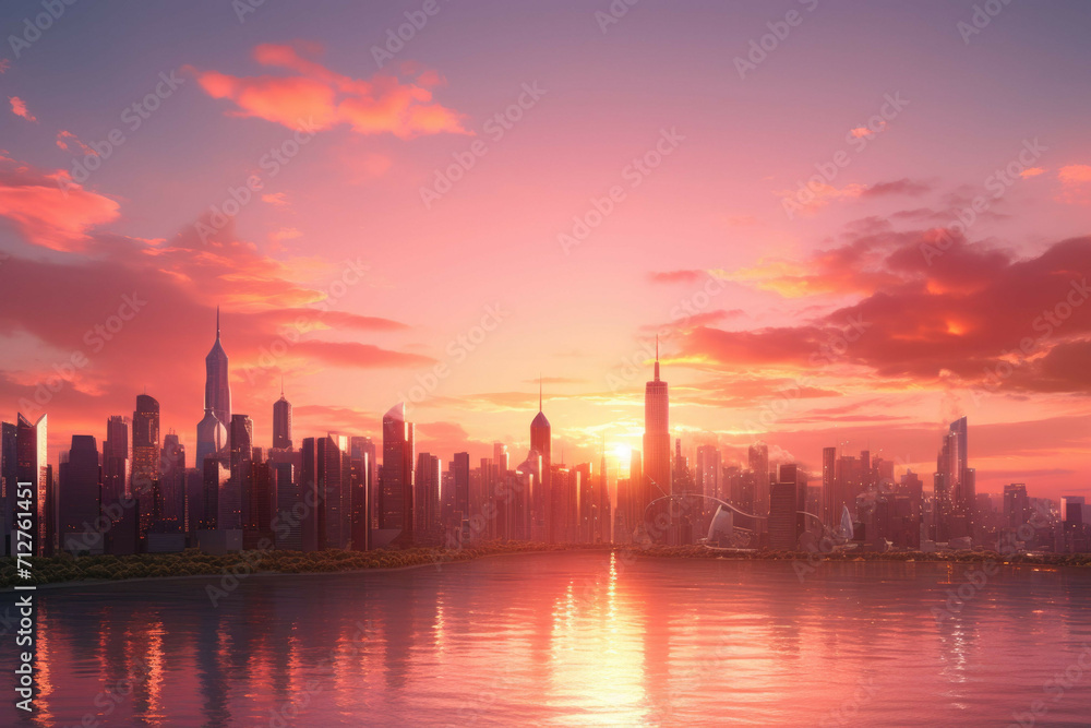 A modern city skyline at sunset, with a beautiful orange and pink sky