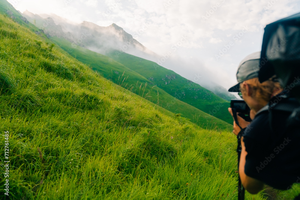 Hiker on countryside landscape in the Pyrenees, Pyrenees in France. hrp trail, gr10