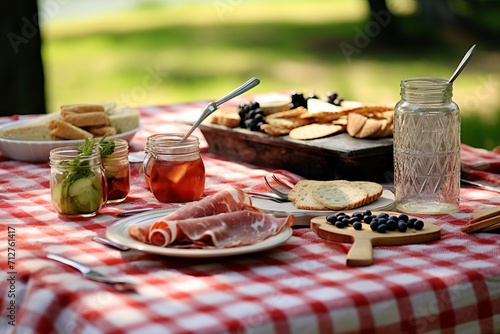 Rustic picnic table set with different dishes and drinks with ham, fresh vegetables and bread on a checkered tablecloth outdoors. Concept: takeaway food, outdoor catering 