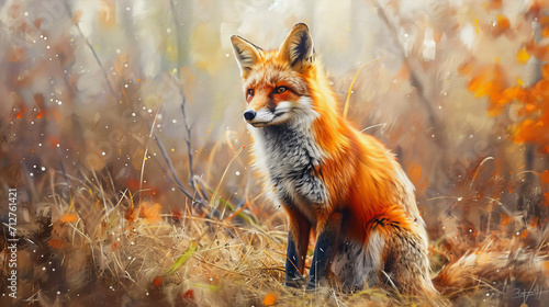red fox in the grass, oil painting style