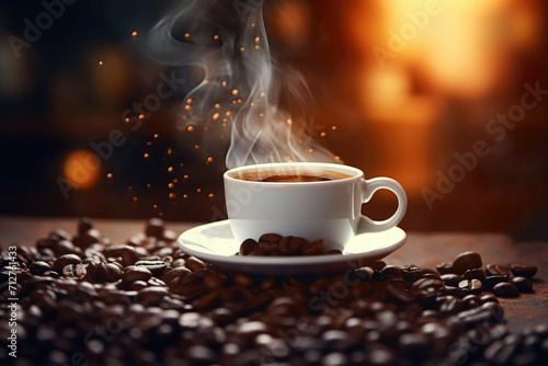 A close up of a freshly brewed cup of coffee with steam rising from the surface and a few coffee beans scattered around it photo