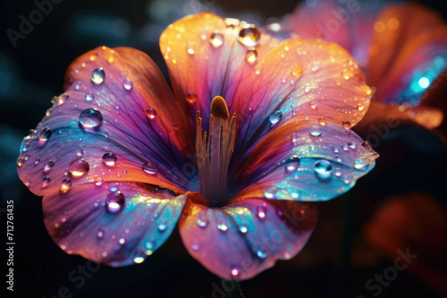 A closeup of a single colorful flower petal with morning dew drops reflecting the sunlight