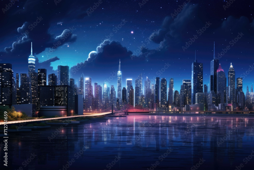 A modern city skyline at night, with the glowing street lights, illuminated buildings, and the stars shining brightly in the night sky