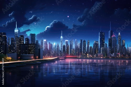 A modern city skyline at night  with the glowing street lights  illuminated buildings  and the stars shining brightly in the night sky