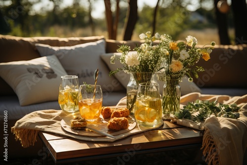Summer veranda with a set table  with a glass jug and glasses with a refreshing drink  cookies  surrounded by yellow flowers and soft pillows on the sofa in the warm sunlight. Concept  eat in nature 
