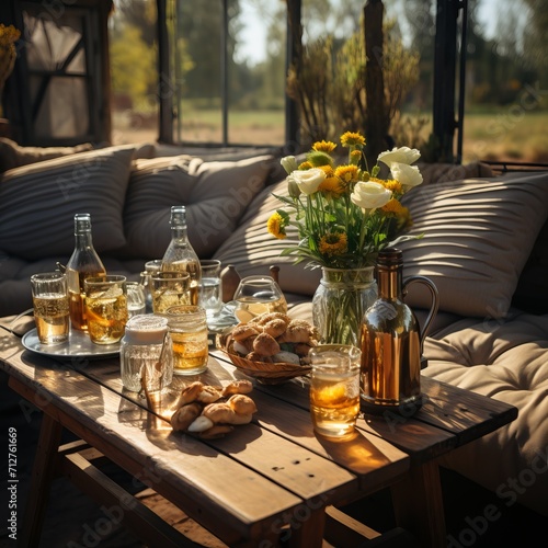 Summer veranda with a set table, with a glass jug and glasses with a refreshing drink, cookies, surrounded by yellow flowers and soft pillows on the sofa in the warm sunlight. Concept: eat in nature 