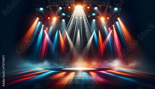 Modern dance stage light background with spotlight illuminated for modern dance production stage. Empty stage with dynamic color washes. Stage lighting art design. Entertainment show. © Carlos Montes